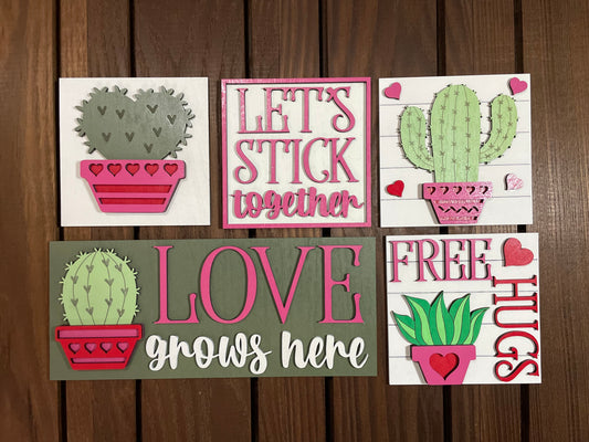 Love Grows Here - Cactus Valentines Leaning Sign Set
