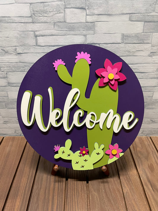 Welcome - Cactus Round Door Wall Sign Hanger