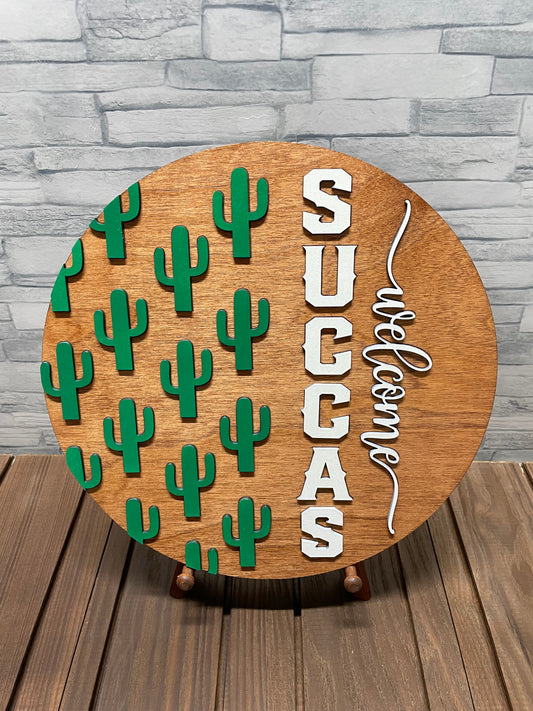 Welcome Succas - Cactus Round Door Wall Sign Hanger