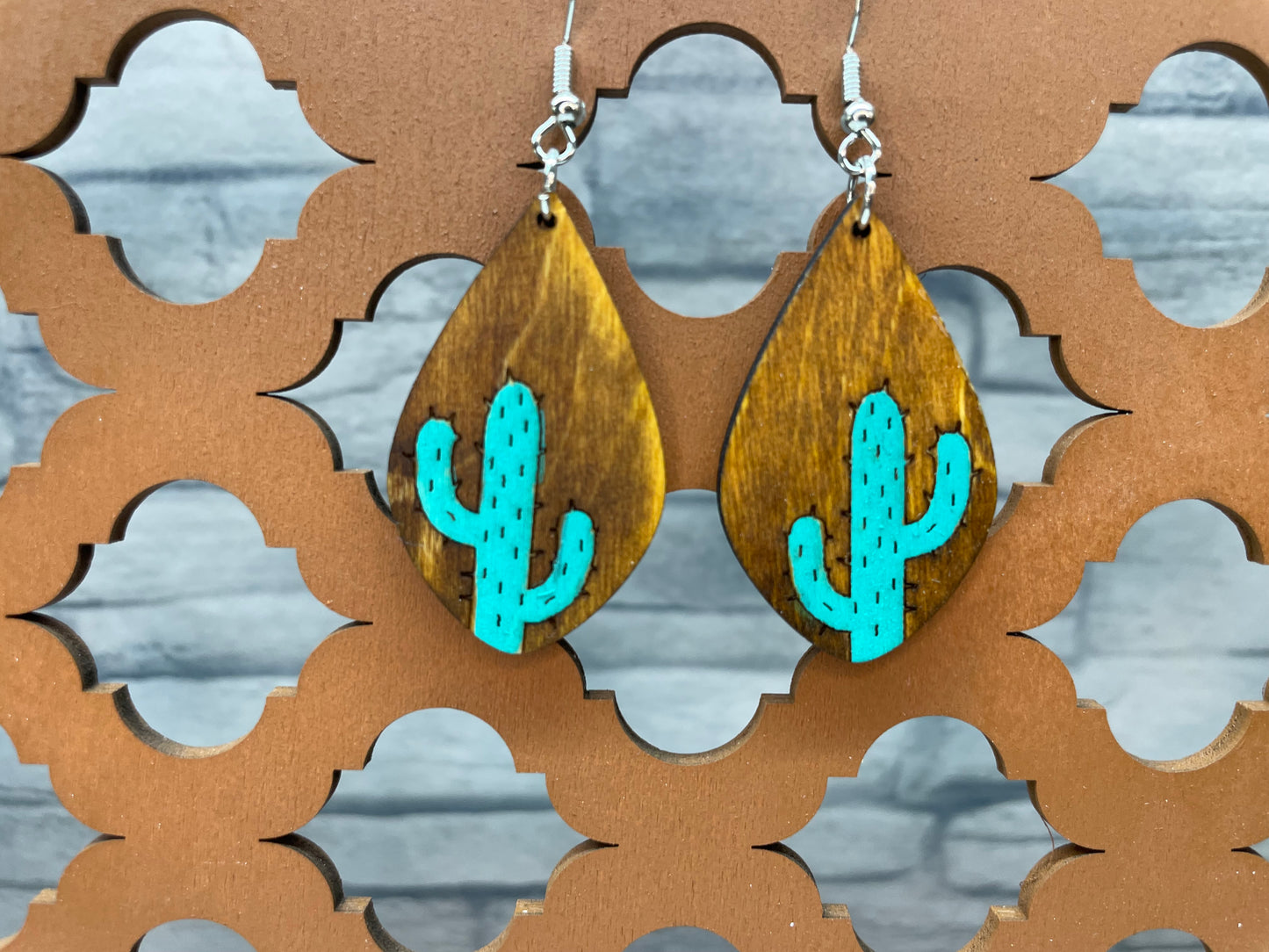 Cactus Teardrop Wood Earrings