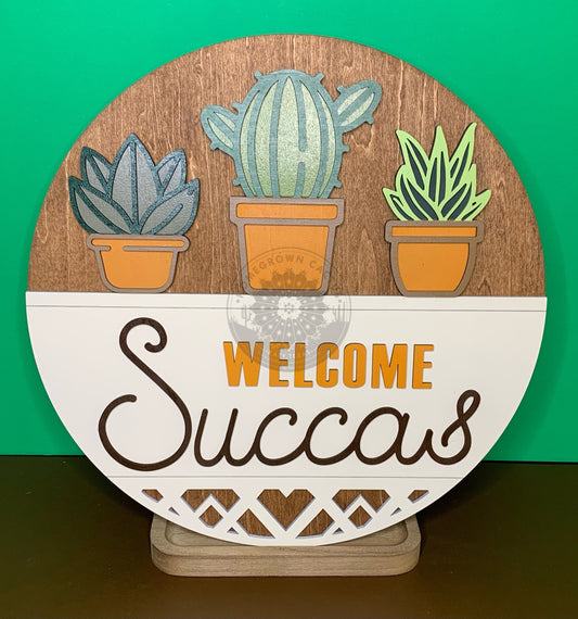 Welcome Succas Laser Cut Round Wood Door Hanger Wall Sign