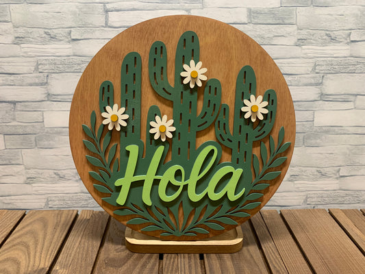 Hola - Cactus Round Wood Door Wall Sign Hanger