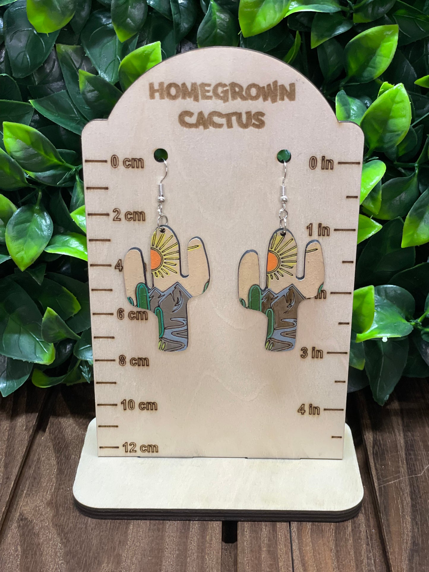 Cactus Shaped Desert Scene Laser Earrings