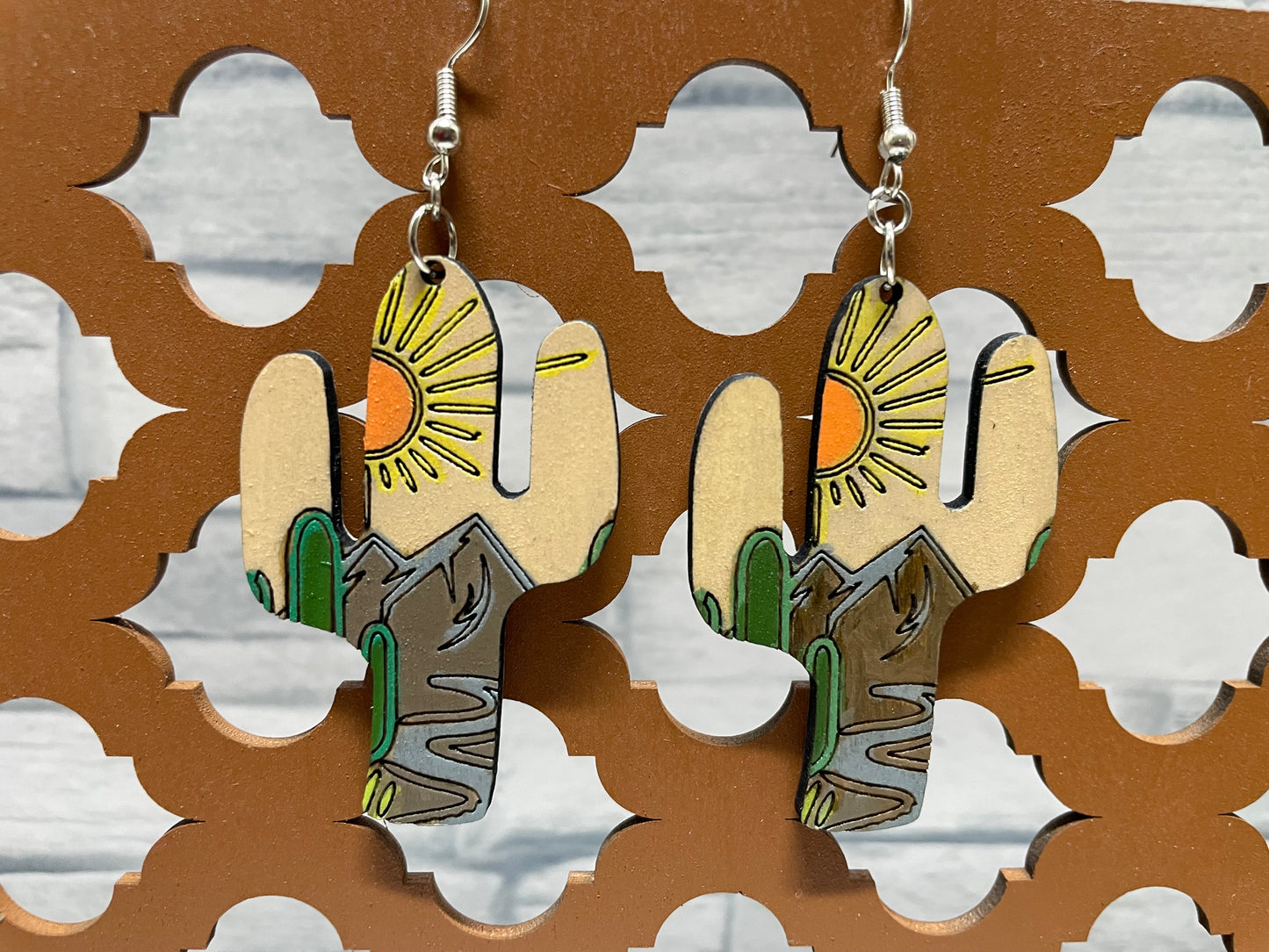 Cactus Shaped Desert Scene Laser Earrings