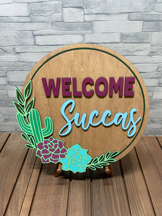Welcome Succas - Round Wood Door Wall Sign Hanger