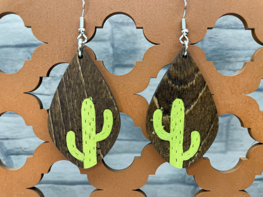 Cactus Teardrop Wood Earrings