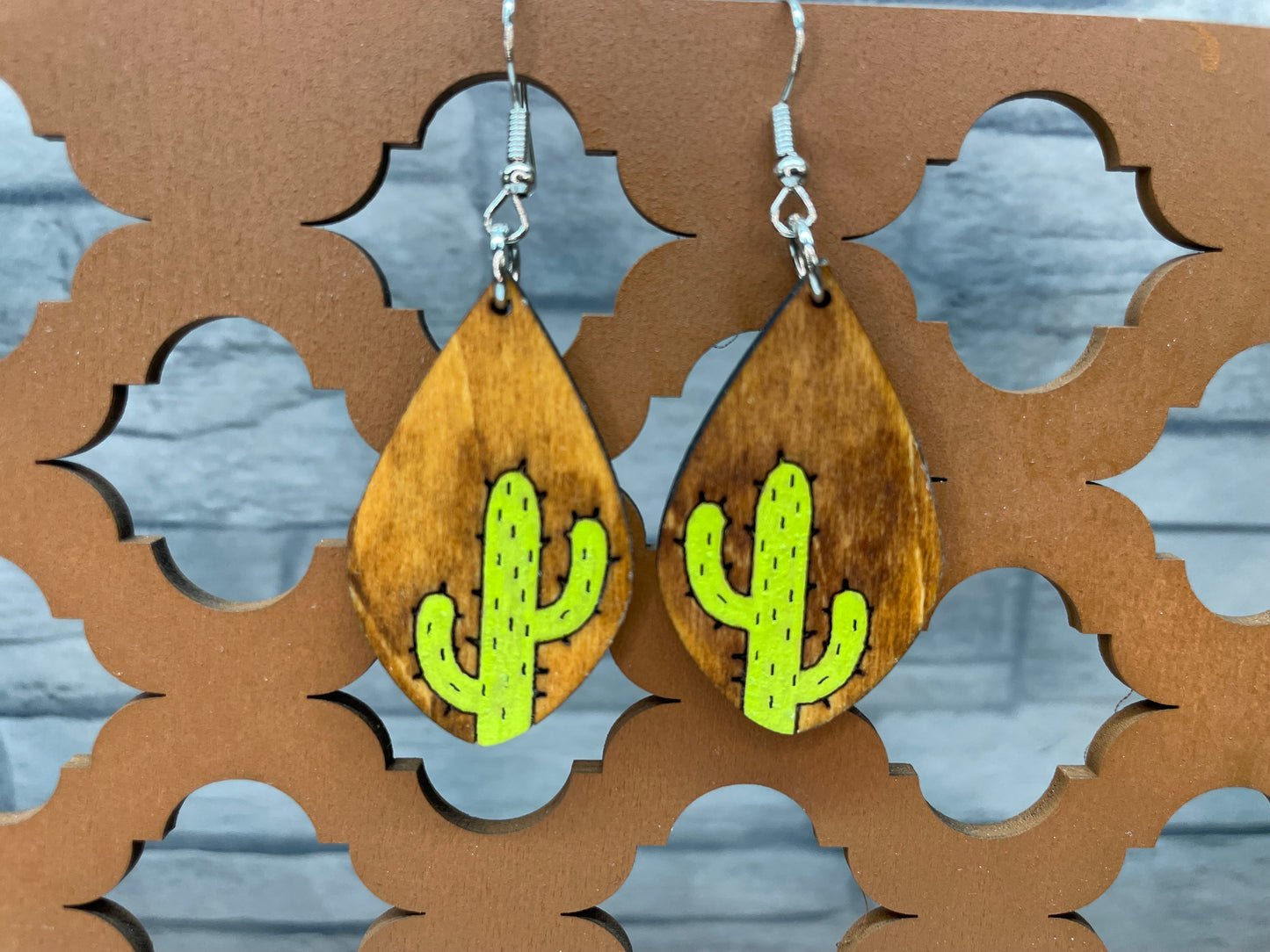 Cactus Teardrop Wood Earrings