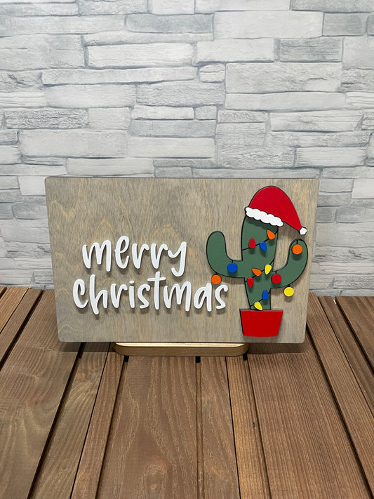 Cactus Merry Christmas - Wood Door Wall Sign Hanger