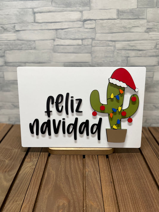 Cactus Feliz Navidad - Wood Door Wall Sign Hanger