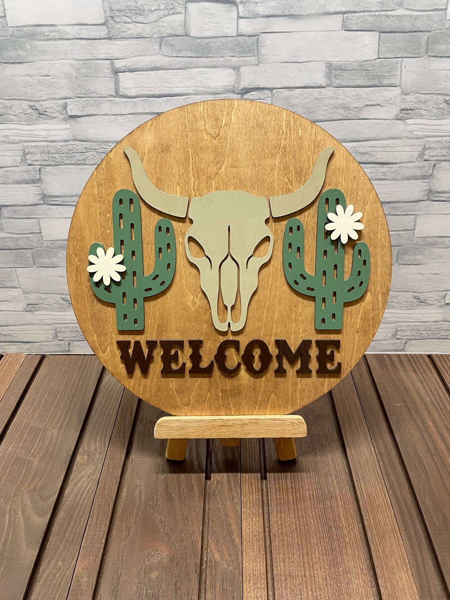 Western Cactus Welcome Round Wood Wall Sign Door Hanger