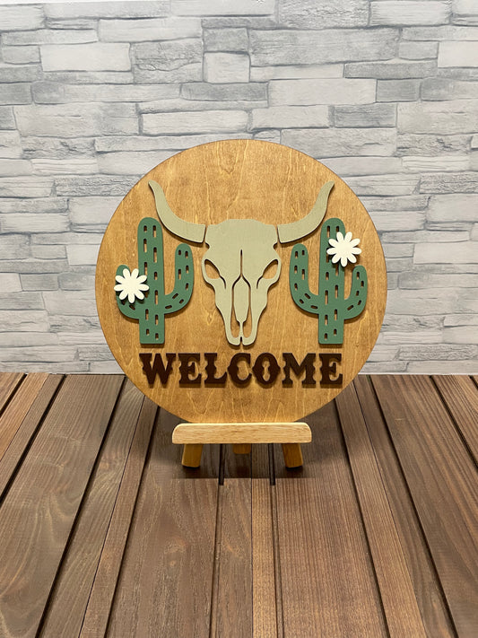 Western Cactus Welcome Round Wood Wall Sign Door Hanger
