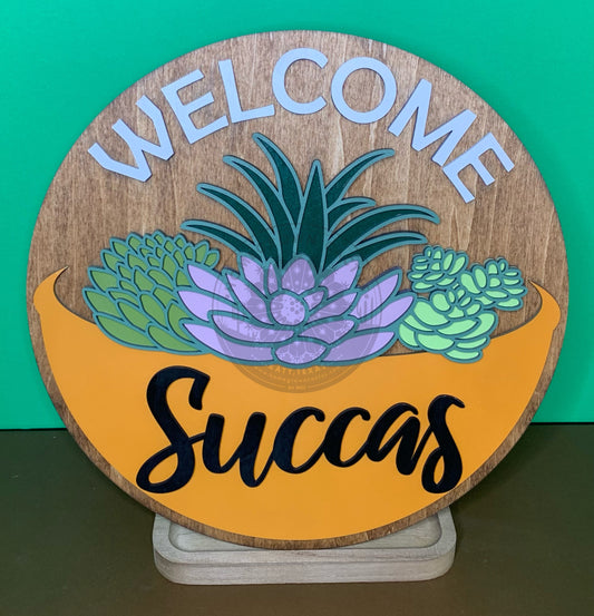 Welcome Succas - Succulent Bowl Laser Cut Round Wood Door Hanger Wall Sign.