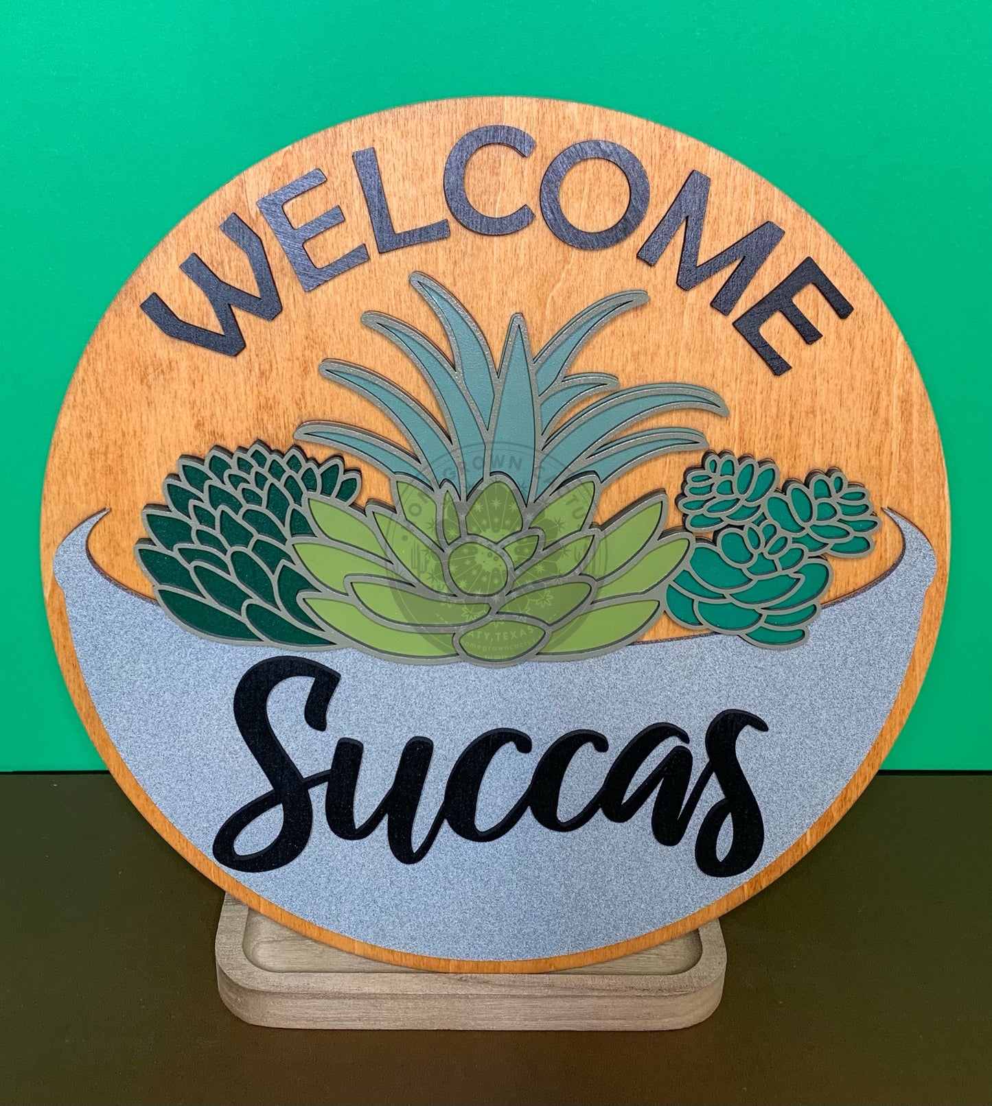 Welcome Succas - Succulent Bowl Laser Cut Round Wood Door Hanger Wall Sign.