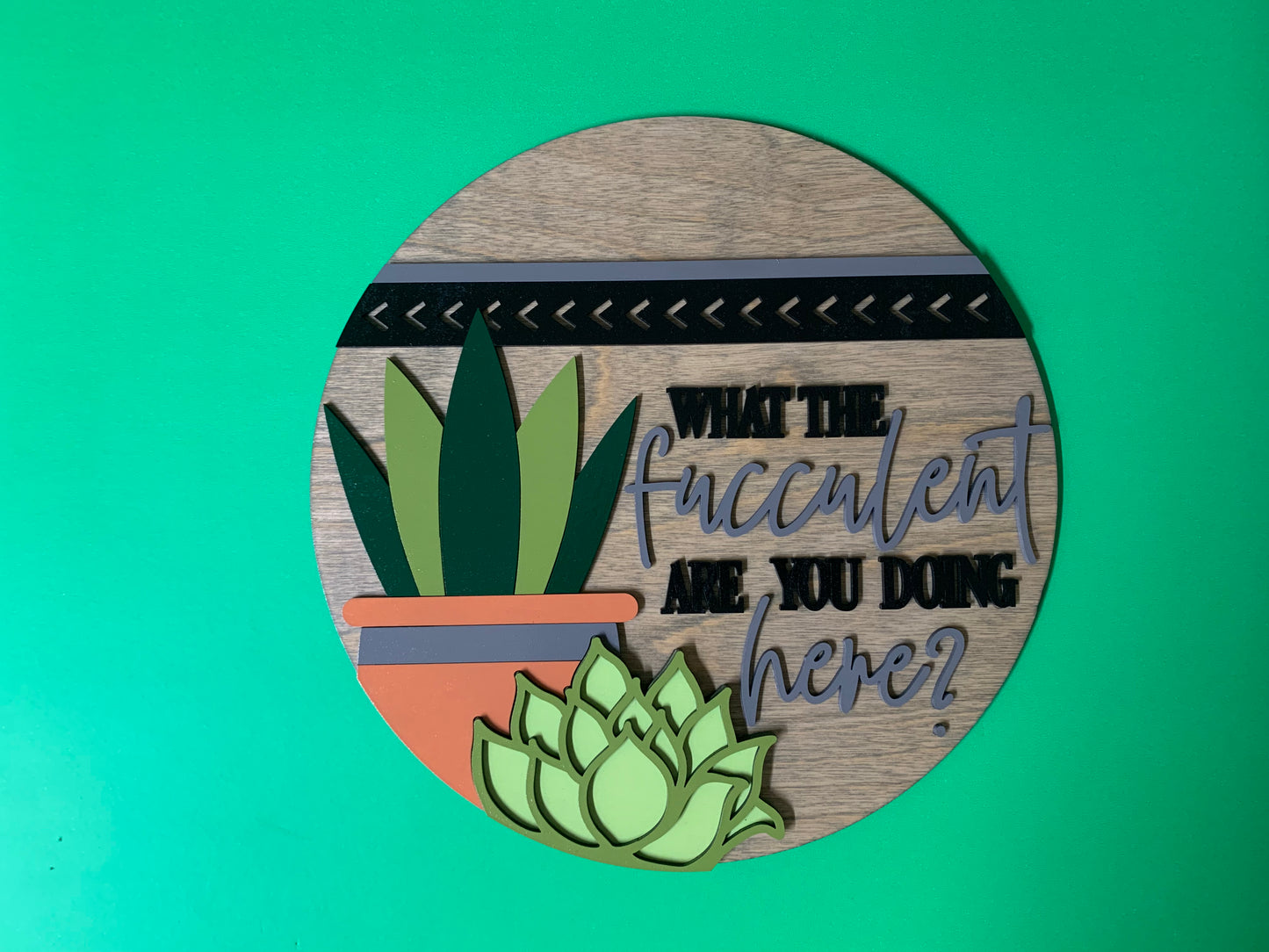 What the Fucculent Laser Cut Round Wood Door Hanger Wall Sign
