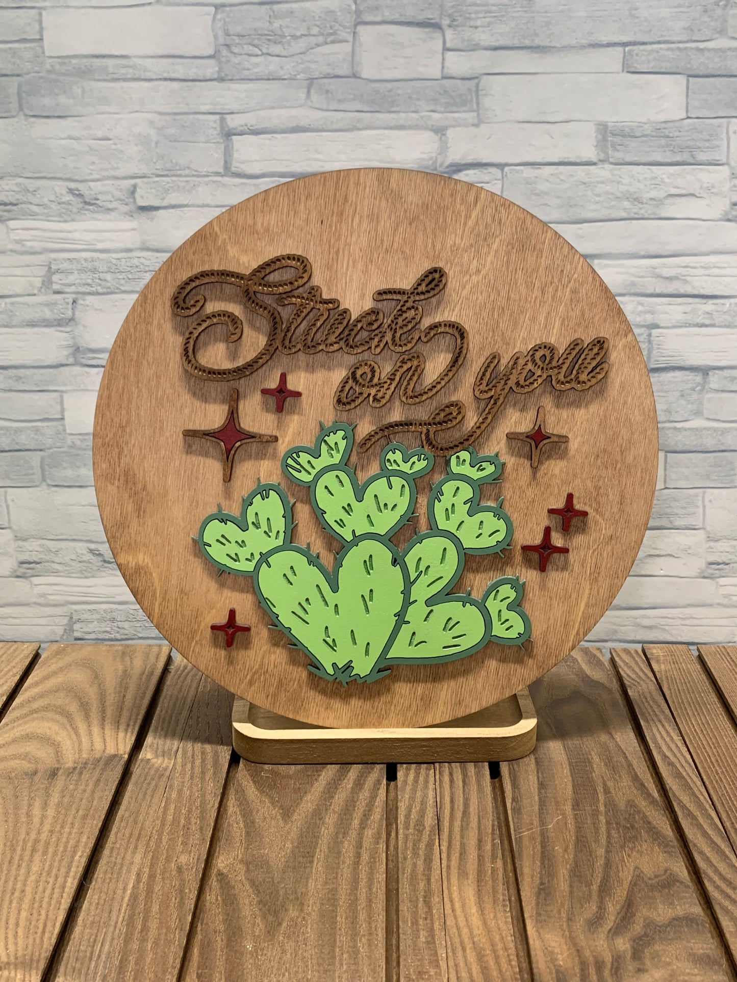 Stuck on You - Round Wood Wall Hanger Door Sign